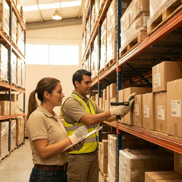 Trabajadores inspeccionando mercancía en bodega con inventario